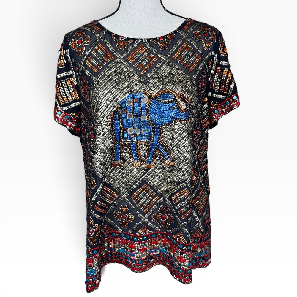 Calypso St Barth Beaded‎ Elephant Embellishmed Top Womens M Black Gold
